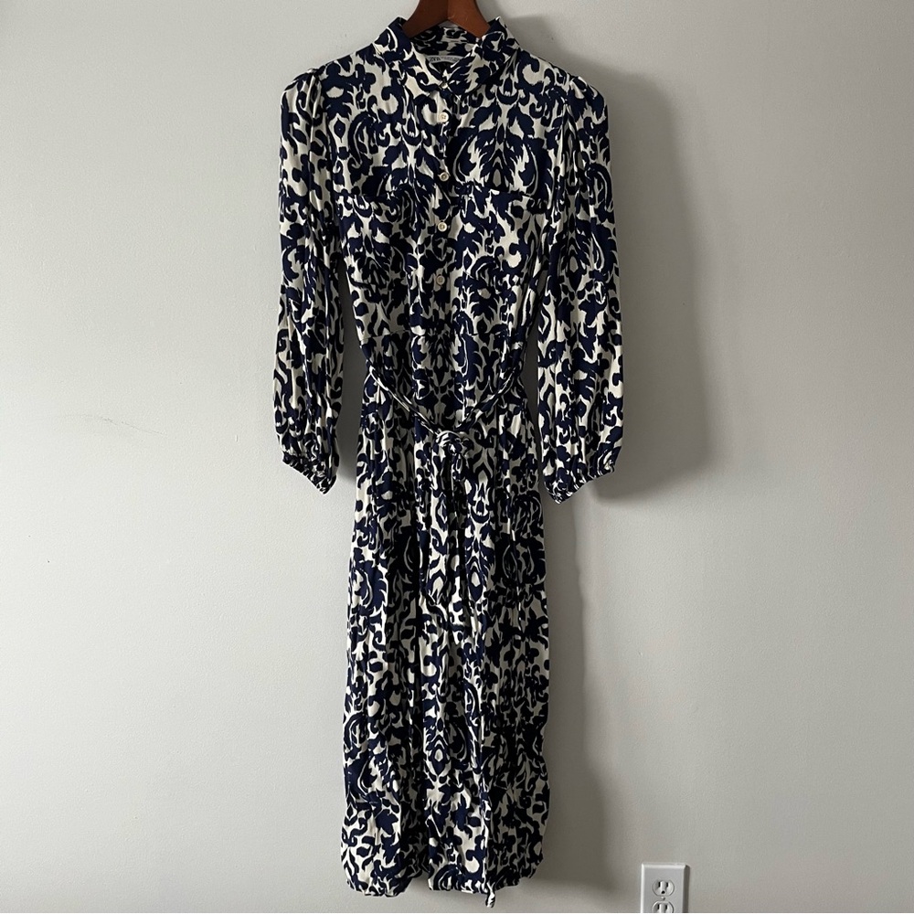 Zara Navy and White Long Sleeve Dress